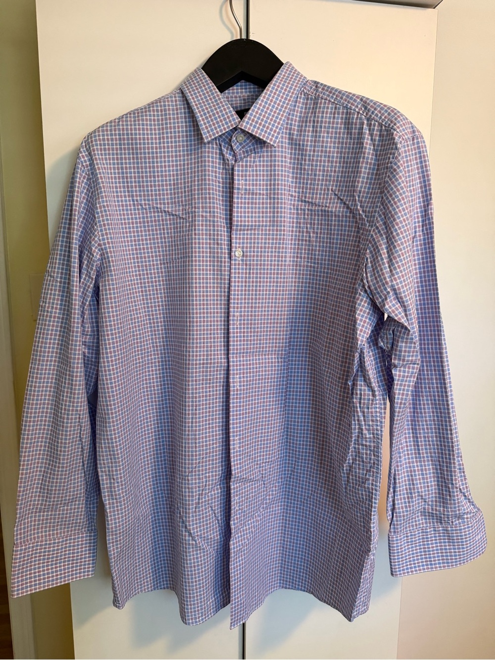 Hugo Boss Men's Blue and Burgundy Check Dress Shirt